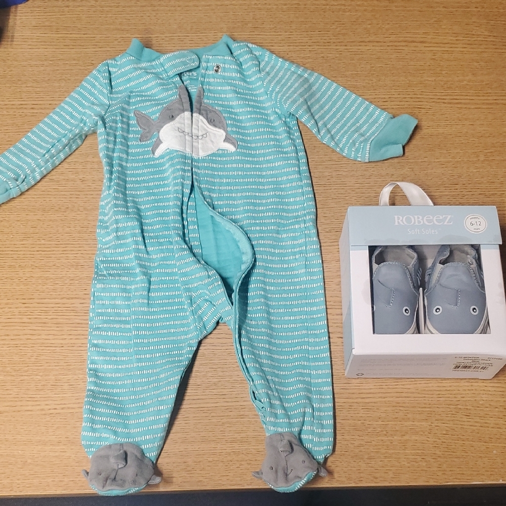 Carter's Baby Shark Footed Pajama and Robeez Baby Shark Shoes